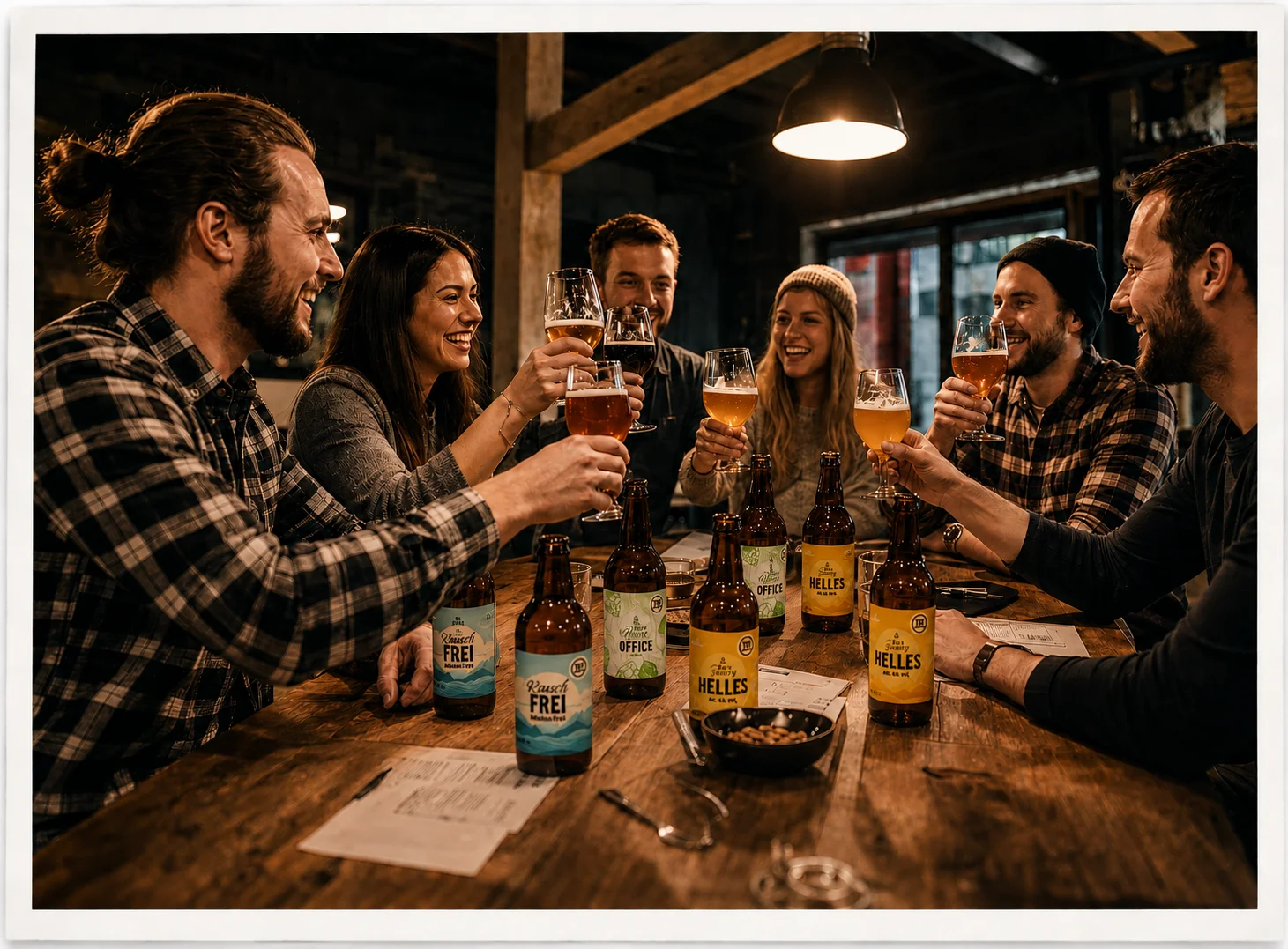Gruppe stößt bei einer Bierverkostung mit Biergläsern an