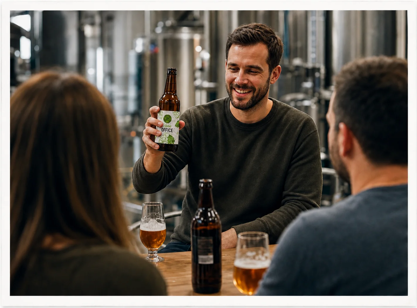 Bierverkostung mit Gastgeber und Gästen in einer Brauerei