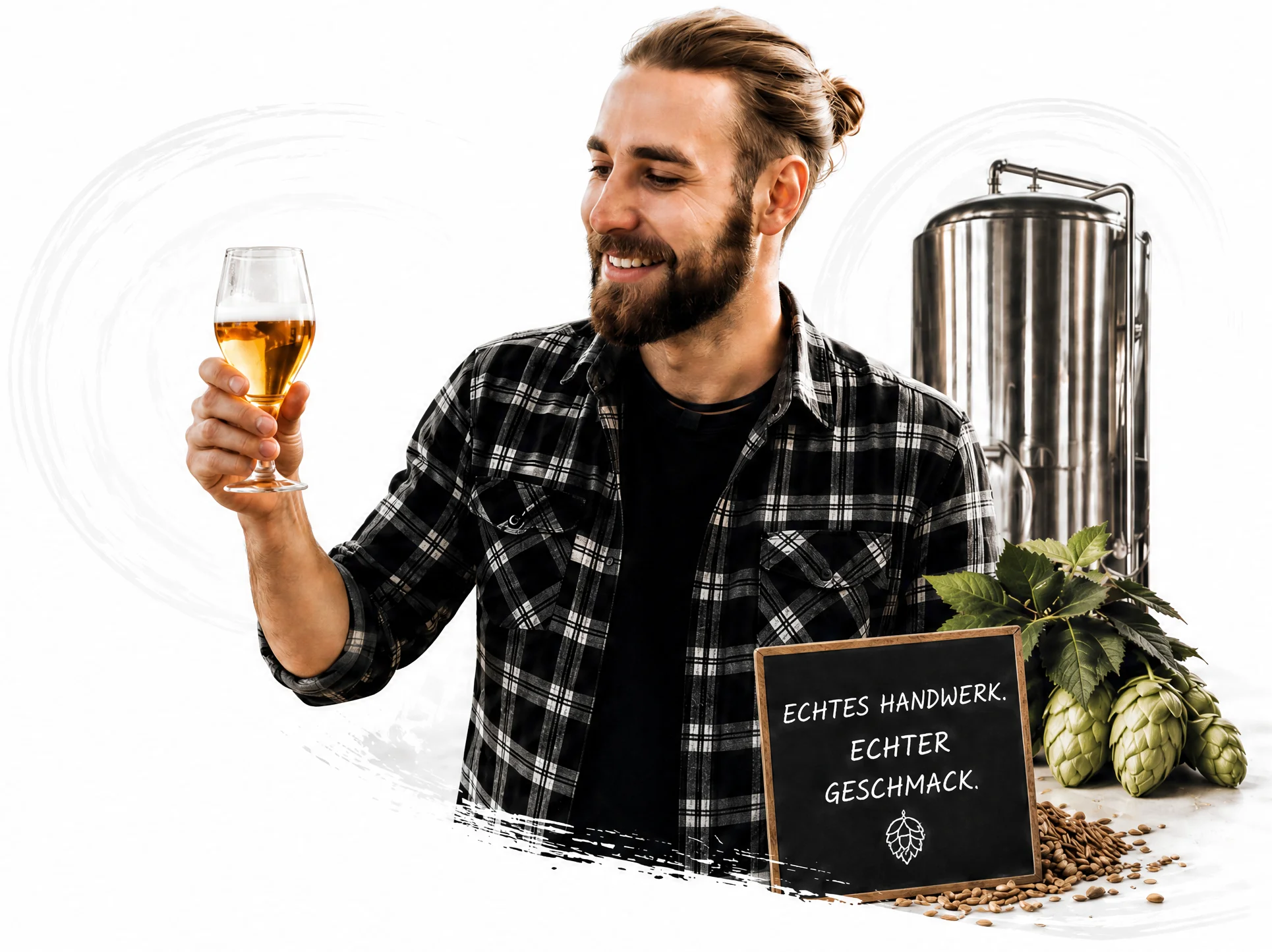 Tom hält ein Bierglas vor Braukessel, Hopfen, Malz und einer Tafel mit Craft-Bier-Botschaft